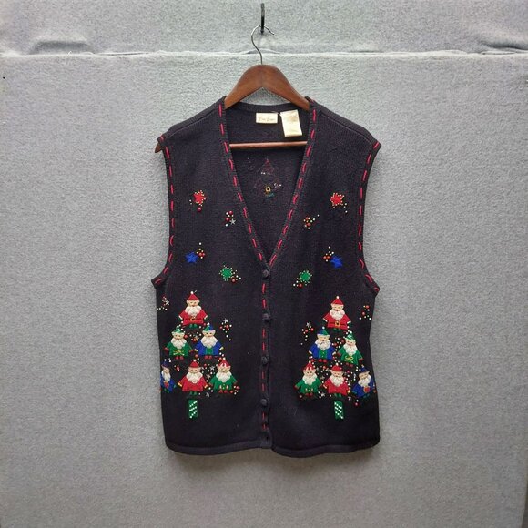 Vintage Christmas Gnome Graphic Knit Vest Button-Up Black Sweater - Picture 1 of 3